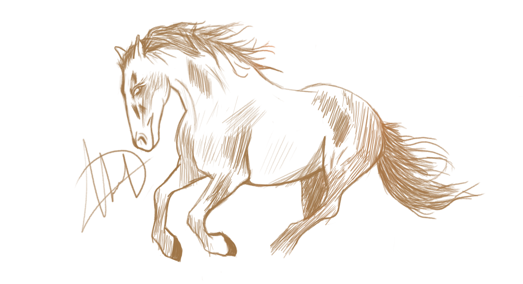 Original orange line drawing of a horse in profile by Ahmed Abdelaziz