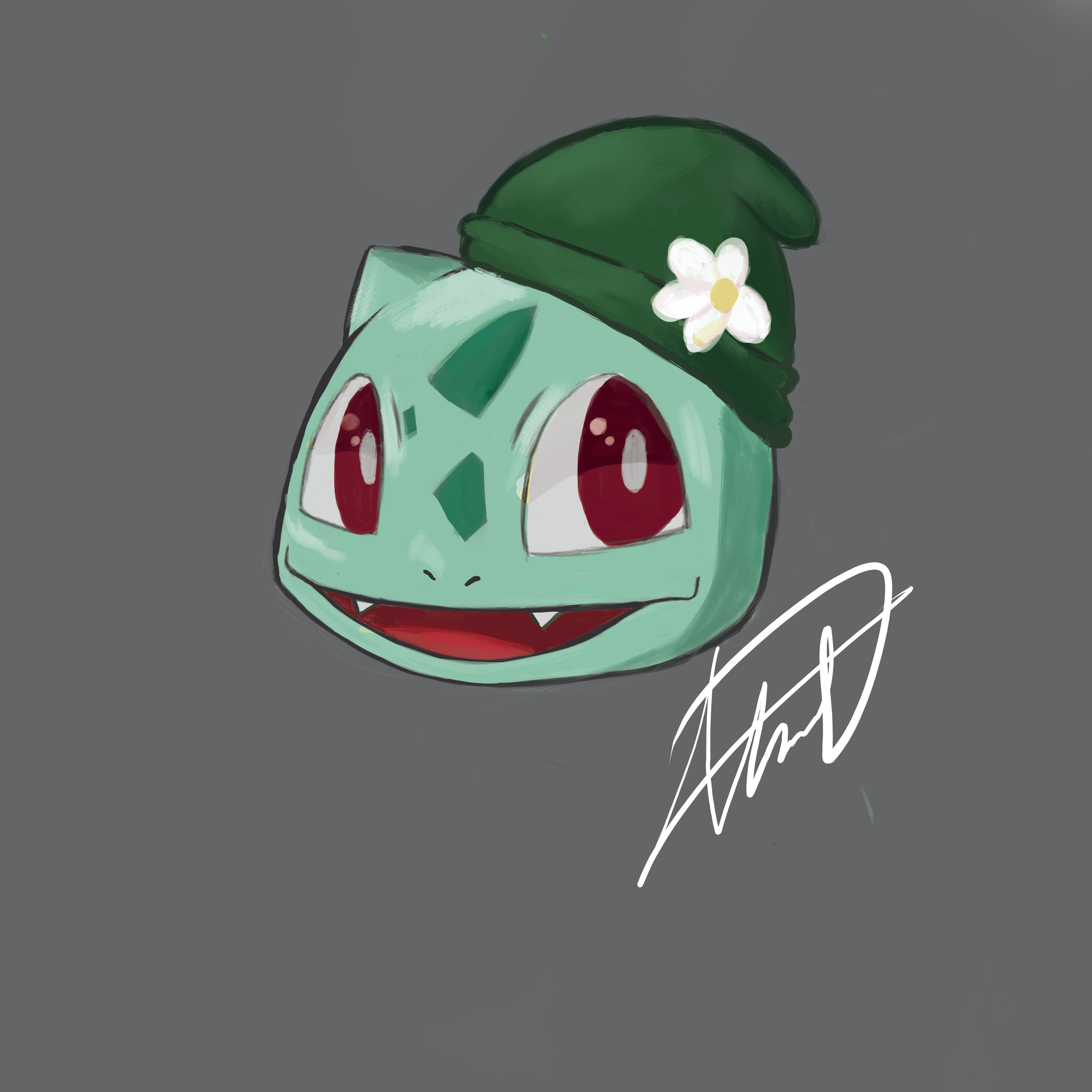 Original digital drawing of Bulbasaur wearing a dark green hat with a white flower.
