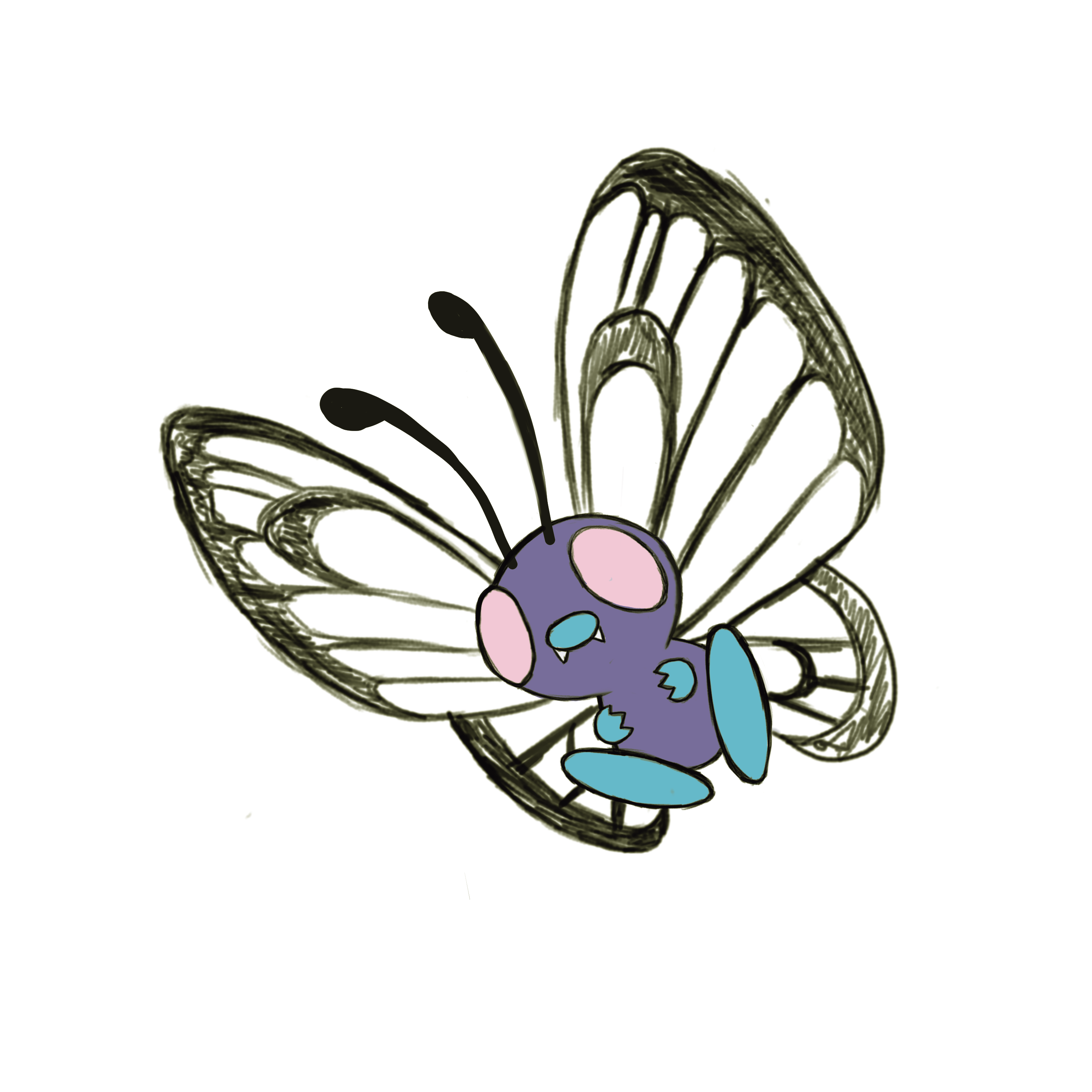 Original digital drawing of a purple butterfly-inspired creature with pink antennae and blue details.