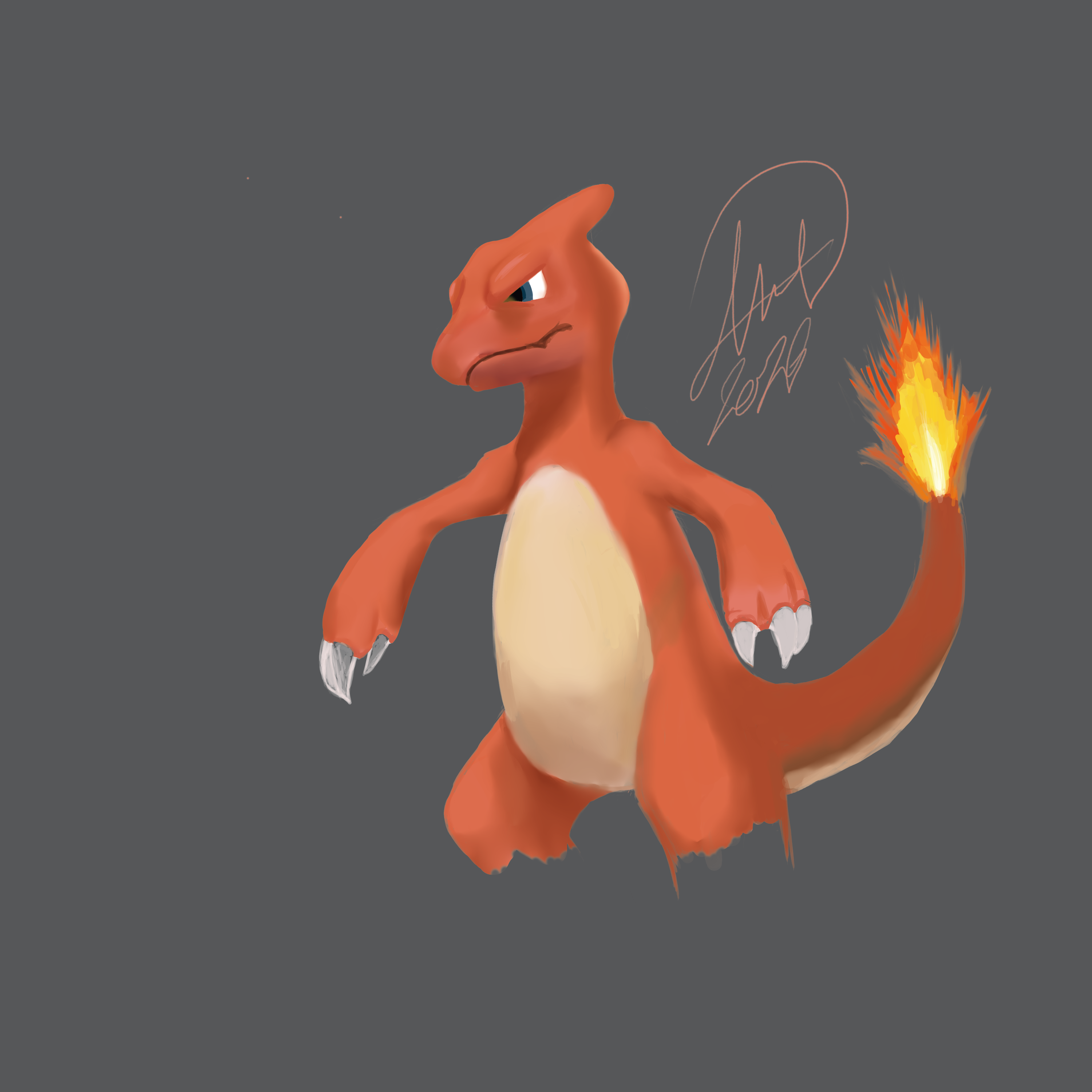 Original digital fan-art drawing of Charmeleon with an orange flaming tail on a dark gray background.