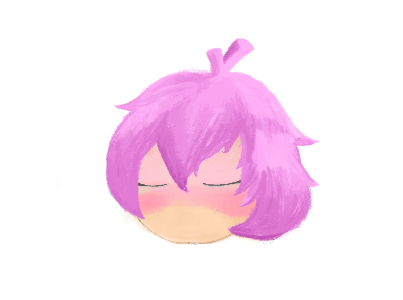 Original chibi-style digital portrait of a purple-haired character with closed eyes and pink cheeks.