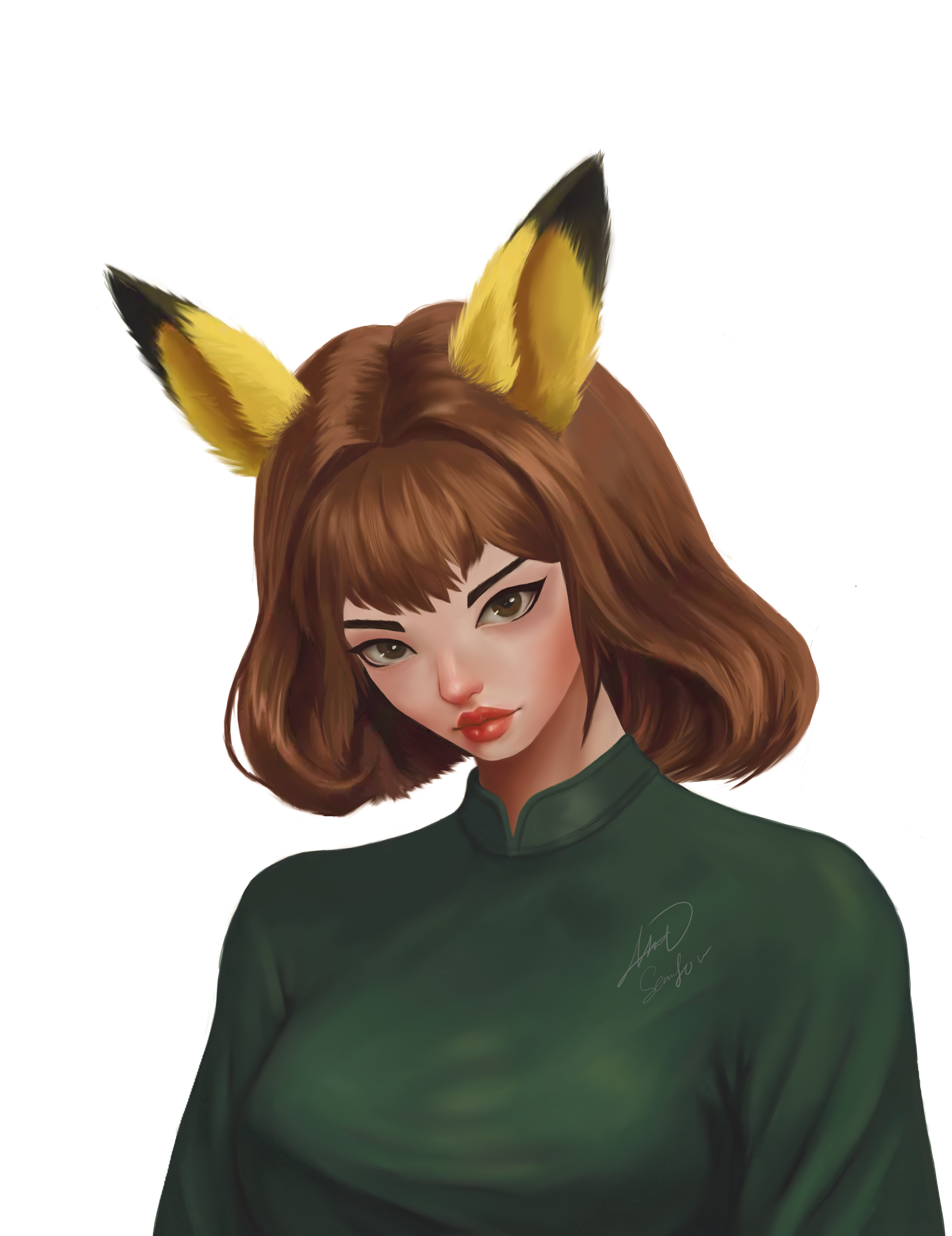 Original anime-style digital portrait of a brown-haired character with Pikachu ears, winking.
