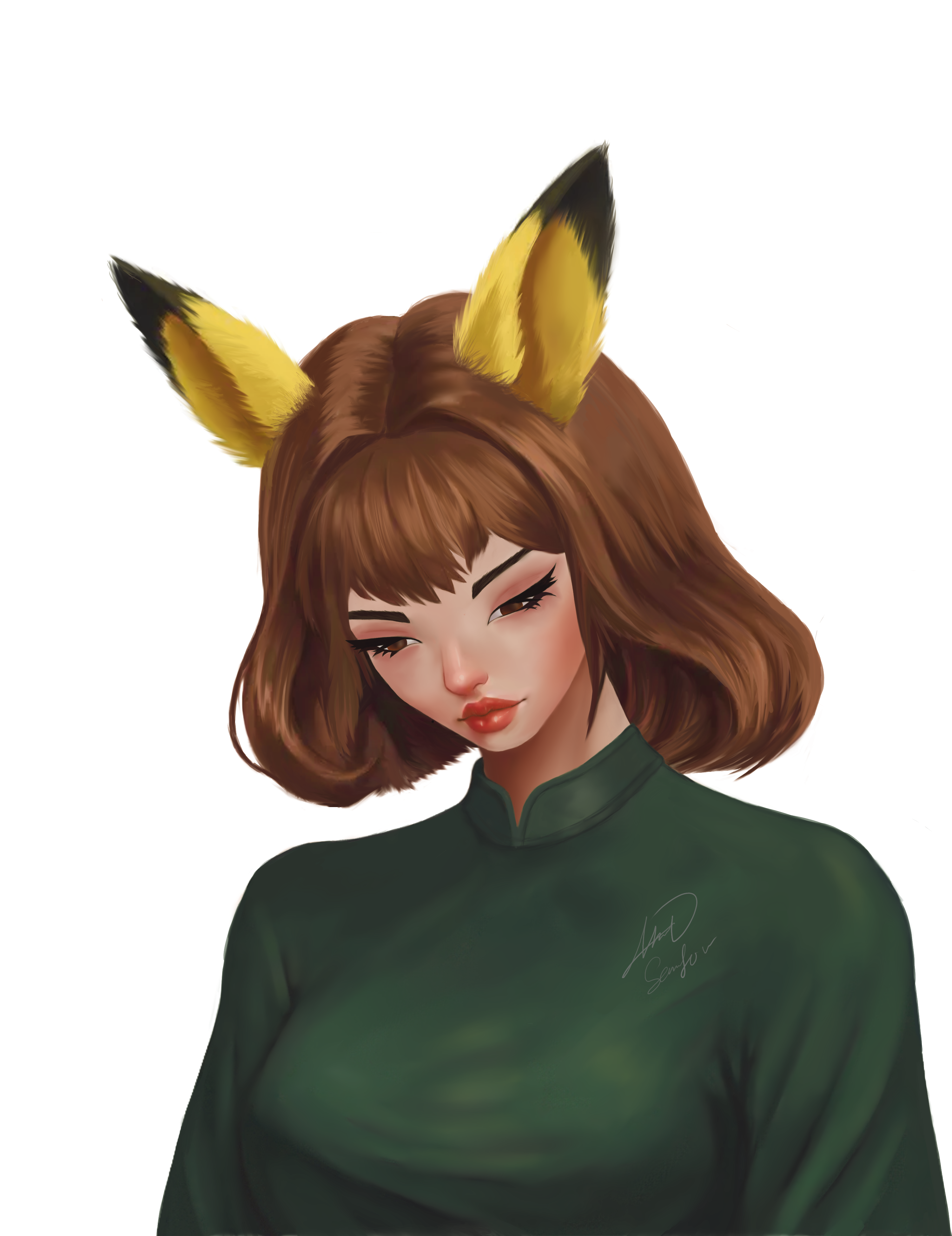 Original anime-style digital portrait of a brown-haired character with Pikachu ears and green clothing.